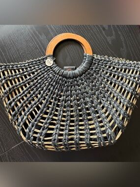 The Sak Black and Tan Woven Tote with Wooden Handles